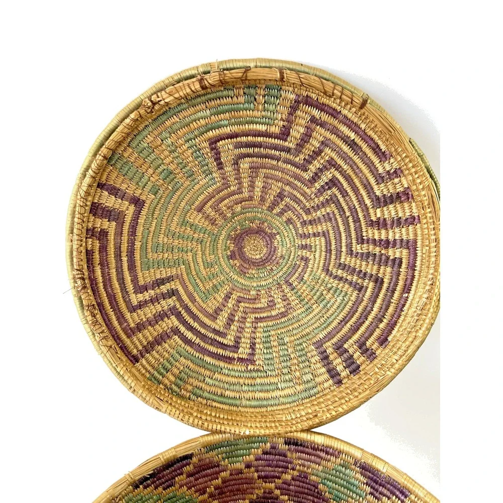 Vintage African Style Handwoven Coil Lidded Basket W/ Colorful Interior Design
